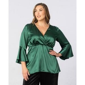 Kiyonna Green Top Honey Satin Bell Sleeve Style 1X Christmas Empire Waist Party